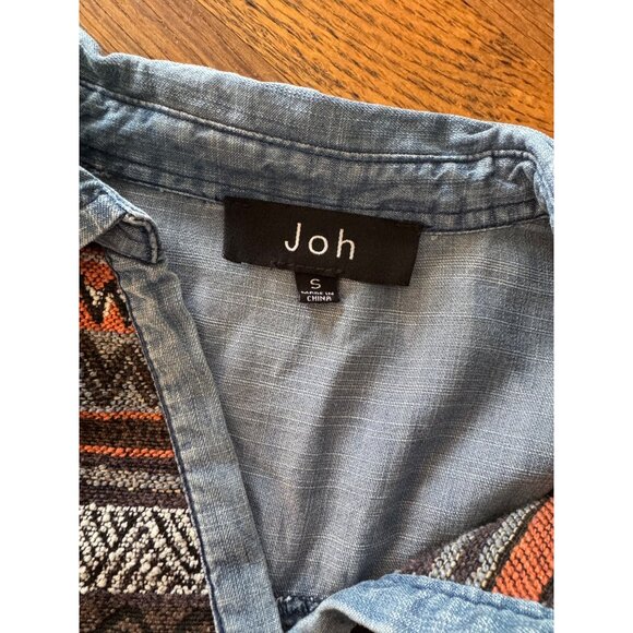 Joh Boho Tunic Dress S Blue Denim Style Fringe Hem Aztec Fabric Yoke - Picture 5 of 14